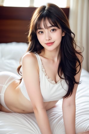 18 yo, (1 girl）, beautiful korean girl,((shirt)), ((Massageist)),smile, solo, {beautiful and detailed eyes}, dark eyes, calm expression, delicate facial features, ((model pose)), Glamor body type, (dark hair:1.2),very_long_hair, hair past hip, bangs, curly hair, flim grain, realhands, masterpiece, Best Quality, 16k, photorealistic, ultra-detailed, finely detailed, high resolution, perfect dynamic composition, beautiful detailed eyes, eye smile, ((nervous and embarrassed)), sharp-focus, full_body,bed,bedroom