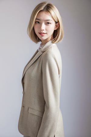 photorealistic, raw photo,ultra high res, Best quality, masterpiece, 8k, realistic light, delicate facial features, 1_girl , solo , short hair, blonde hair,smiling broadly. She is dressed Professional attire, looking quite mature. She appears intelligent and intellectual, full body shot:5.0,