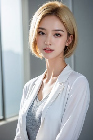 photorealistic, raw photo,ultra high res, office,Best quality, masterpiece, 8k, realistic light, delicate facial features, 1_girl , solo , short hair, blonde hair,smiling broadly. She is dressed Professional attire, looking quite mature. She appears intelligent and intellectual, full body shot:5.0,