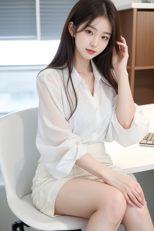 A Korean woman with a soft smile,  eyes that draw people in, a white blouse and miniskirt, a cute and lovely face, sitting in office