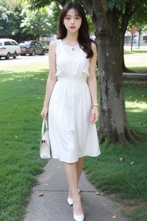 1girl, long hair, looking at viewer, brown hair, black hair, dress, holding, jewelry, standing, full body, earrings, outdoors, sleeveless, solo focus, day, necklace, bag, white dress, high heels, bracelet, tree, white footwear, grass, walking, handbag, realistic, holding bag