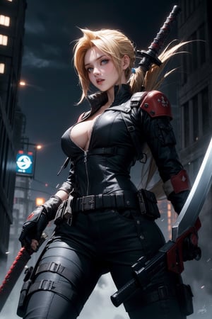 girl with Iconic spiky blonde hair, resembling Cloud Strife's signature SOLDIER hairstyle, glowing blue eyes, (big breasts), A replica of Cloud Strife's iconic SOLDIER uniform, complete with the massive Buster Sword strapped to the back, Striking a battle-ready stance, sword raised high as if preparing for a powerful slash, The Midgar cityscape, with the Shinra Headquarters looming ominously in the background, Reactor 1 Mako Reacto, Glowing Mako energy crackles around the sword, ready to unleash devastating attacks,perfect breasts, beautiful breasts, masterpiece, best quality, photorealistic, realistic