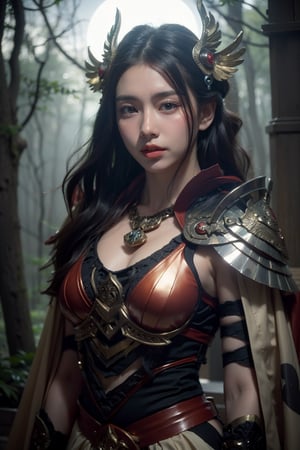 Create a realistic, fantasy-inspired half-body portrait of a beautiful Japanese girl with fair skin, set in a misty, ethereal night environment. She exudes strength and mystery, dressed in a unique tomb guardian outfit designed for protection and agility. Her attire is intricate, with layers of textured armor and flowing fabric elements, featuring deep, muted tones, and ornate metallic accents that shimmer softly under the moonlight. Her outfit is both functional and elegant, subtly highlighting her curvaceous figure, with a fitted design across the chest.

Her long, dark hair flows over her shoulders in loose waves, partially obscured by the surrounding fog, enhancing her enigmatic appearance. She wears subtle but symbolic jewelry, such as rings and amulets, representing her role as a guardian. Her expression is serious and focused, with intense, piercing eyes that convey a strong sense of purpose and resilience.

The background is filled with dense fog, with faint shadows of ancient tombstones and stone structures partially visible, suggesting an ancient burial ground or sacred site. Soft moonlight filters through the mist, casting an otherworldly glow on her, while distant flickers of light hint at enchanted spirits or mystical forces. The scene has a dark yet captivating atmosphere, blending the timeless elegance of the fantasy realm with her powerful, vigilant presence as a guardian of sacred grounds.