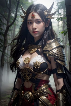 Create a realistic, fantasy-inspired half-body portrait of a beautiful Japanese girl with fair skin, set in a misty, ethereal night environment. She exudes strength and mystery, dressed in a unique tomb guardian outfit designed for protection and agility. Her attire is intricate, with layers of textured armor and flowing fabric elements, featuring deep, muted tones, and ornate metallic accents that shimmer softly under the moonlight. Her outfit is both functional and elegant, subtly highlighting her curvaceous figure, with a fitted design across the chest.

Her long, dark hair flows over her shoulders in loose waves, partially obscured by the surrounding fog, enhancing her enigmatic appearance. She wears subtle but symbolic jewelry, such as rings and amulets, representing her role as a guardian. Her expression is serious and focused, with intense, piercing eyes that convey a strong sense of purpose and resilience.

The background is filled with dense fog, with faint shadows of ancient tombstones and stone structures partially visible, suggesting an ancient burial ground or sacred site. Soft moonlight filters through the mist, casting an otherworldly glow on her, while distant flickers of light hint at enchanted spirits or mystical forces. The scene has a dark yet captivating atmosphere, blending the timeless elegance of the fantasy realm with her powerful, vigilant presence as a guardian of sacred grounds.