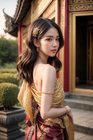 A half-body shot of a beautiful Thai girl standing gracefully in front of a traditional Thai temple at dusk. She wears an exquisite, intricate Thai dress (chut Thai) made of rich silk in a deep gold and crimson color. The top portion of her dress is wrapped in a delicate silk shawl, draped over one shoulder, adorned with traditional gold embroidery and subtle patterns. Her long, dark hair is neatly styled, cascading down her back, with a gold hairpiece delicately holding part of it in place. Her face exudes calm elegance, with a serene expression that matches the tranquil atmosphere of the evening. The temple behind her, with its ornate carvings and golden accents, glows softly in the fading light of the sunset, enhancing the rich cultural beauty of the scene.