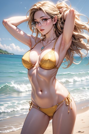 1girl, solo, swimsuit, day, necklace, jewelry, blonde_hair, bikini, outdoors, realistic, sky, water, long_hair, yellow_bikini, sunglasses, arms_up, perfect breasts, beautiful breasts, masterpiece, best quality, photorealistic, realistic, hyperrealism, Perfect anatomy, Perfect perspectives,