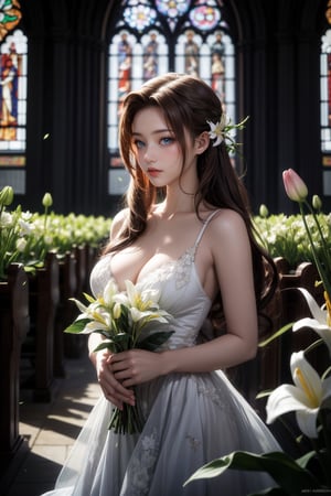 girl with Long, flowing locks with gentle curls, reminiscent of Aerith Gainsborough's ethereal beauty, glowing blue eyes, (big breasts), A flowing, ethereal dress adorned with flowers, inspired by Aerith Gainsborough's iconic look, Standing in a serene garden, hands gently holding a bouquet of glowing lilies, The Sector 5 Slums church, with sunlight streaming through the stained glass windows, Petals of glowing energy float around Aerith, hinting at her connection to the Planet, perfect breasts, beautiful breasts, masterpiece, best quality, photorealistic, realistic