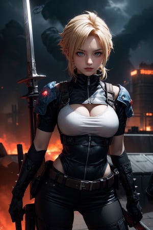 girl with Iconic spiky blonde hair, resembling Cloud Strife's signature SOLDIER hairstyle, glowing blue eyes, (big breasts), A replica of Cloud Strife's iconic SOLDIER uniform, complete with the massive Buster Sword strapped to the back, Striking a battle-ready stance, sword raised high as if preparing for a powerful slash, The Midgar cityscape, with the Shinra Headquarters looming ominously in the background, Reactor 1 Mako Reacto, Glowing Mako energy crackles around the sword, ready to unleash devastating attacks,perfect breasts, beautiful breasts, masterpiece, best quality, photorealistic, realistic