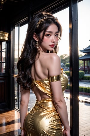 A half-body shot of a beautiful Thai girl standing gracefully in front of a traditional Thai temple at dusk. She wears an exquisite, intricate Thai dress (chut Thai) made of rich silk in a deep gold and crimson color. The top portion of her dress is wrapped in a delicate silk shawl, draped over one shoulder, adorned with traditional gold embroidery and subtle patterns. Her long, dark hair is neatly styled, cascading down her back, with a gold hairpiece delicately holding part of it in place. Her face exudes calm elegance, with a serene expression that matches the tranquil atmosphere of the evening. The temple behind her, with its ornate carvings and golden accents, glows softly in the fading light of the sunset, enhancing the rich cultural beauty of the scene.