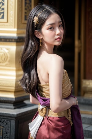 A half-body shot of a beautiful Thai girl standing gracefully in front of a traditional Thai temple at dusk. She wears an exquisite, intricate Thai dress (chut Thai) made of rich silk in a deep gold and crimson color. The top portion of her dress is wrapped in a delicate silk shawl, draped over one shoulder, adorned with traditional gold embroidery and subtle patterns. Her long, dark hair is neatly styled, cascading down her back, with a gold hairpiece delicately holding part of it in place. Her face exudes calm elegance, with a serene expression that matches the tranquil atmosphere of the evening. The temple behind her, with its ornate carvings and golden accents, glows softly in the fading light of the sunset, enhancing the rich cultural beauty of the scene.