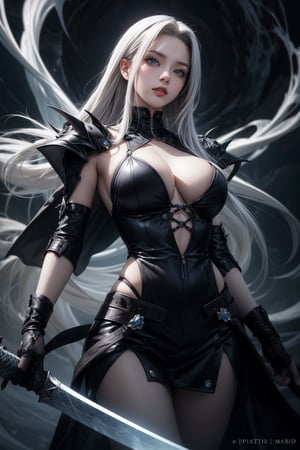 girl with Sleek, silver hair styled in a dramatic, flowing manner, mirroring Sephiroth's legendary presence, glowing blue eyes, (big breasts), A dark, imposing ensemble with a single black wing, reminiscent of Sephiroth's ultimate form, Standing tall amidst a swirling vortex of dark energy, Masamune held ready for battle, The Northern Crater, with the ominous black miasma rising from below, Dark energy crackles around Sephiroth's sword, ready to unleash devastating attacks, perfect breasts, beautiful breasts, masterpiece, best quality, photorealistic, realistic