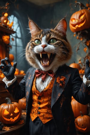 photorealistic portrait of Dressed animals - a ((fat)) (Cheshire cat) Halloween vampire,(Art by Giuseppe Arcimboldo),(black and orange theme),(cute),(open mouth:1.2), (big smile:1.5),(vampire's fangs:1.5),(arms up:1.5), high quality,(lovely) ,intricate detailed Halloween motif accessories, highly detailed ((Halloween vampire tuxedo with mant)) ,highly detailed Halloween vampire tuxedo with tie, (horror), (), soft lighting,(full body image:1.5),Halloween ornaments background, in Halloween room ,score_9, score_8_up, score_7_up, score_6_up, score_5_up, score_4_up,,hubggirl,Midjourneyart