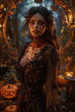 (raw photo:1.2), depth of field, REALISTIC , photorealism , vibrant color , More detail , Masterpiece ,lightshapes ,aesthetic portrait , show waist to shoder, casting shadow style , light particles,A captivating Art Nouveau portrait in the style of Alphons Mucha, featuring a vampire woman with sharp fang teeth and a bloody, ornate gown. She stands in a Halloween-themed setting, surrounded by glowing pumpkins, autumn leaves, and other festive decor. Her expression is both alluring and mysterious, with her hair styled in elegant waves. The lighting is soft and eerie, casting a gentle glow on her face and the mystical decor. The composition centers on her enigmatic figure, with the Halloween elements framing her beautifully.,Vampire Spawn (Curse Of Strahd),MidnightEmber , Fantasy Regal Artgem , Vshorror
