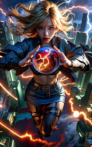 masterpiece, ultra realistic, 8K, Android_18_DB, full body, denim skirt, pantyhose, face focus, blond hair, look afar, top-down view,no gravity, she is weightlessness and flying through the buildings, cityscape, superwoman position,lighting, (dramatic ball lightning between hands:1.3), thunder rings,Bomi