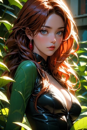 ultra detailed photo shot of a woman (Jia Lissa) dressed as Poison Ivy, with wings made of ((grassy-leaves)) biophilic design, floral, biopunk, highly detailed, photorealistic, 32k, sunlit, sunlighting, Batman: Arkham Asylum, the last of us, Neil Gaiman, DC Comics, completely covered in a safe for work ((traditionally fashion))

