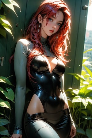 ultra detailed photo shot of a woman (Jia Lissa) dressed as Poison Ivy, with wings made of ((grassy-leaves)) biophilic design, floral, biopunk, highly detailed, photorealistic, 32k, sunlit, sunlighting, Batman: Arkham Asylum, the last of us, Neil Gaiman, DC Comics, completely covered in a safe for work ((traditionally fashion))

