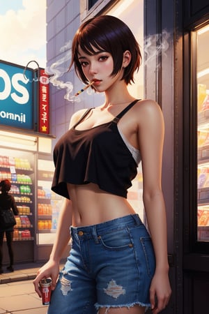 A ultradetailed beautiful panting of a stylish girl wearing crop top in a convenience store smoking cigarettes, Oil painting, by Ilya Kuvshinov, Greg Rutkowski and Makoto Shinkai, heavenly beauty, barely clothed