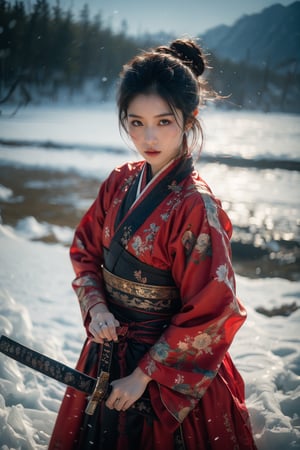 a painting of Nak-Su, the beautiful Korean female assassin from Alchemy of Souls, Go Yoon Jung, holding a sword in an ocean covered by ice, red traditional hanbok, hair tied back, in the style of dark sky-blue and red, cinematic movie still, k-drama, historical drama, lit kid, metafictional, snow scenes, technological fusion --ar 25:31 --quality 2  --s 750 --v 5.1