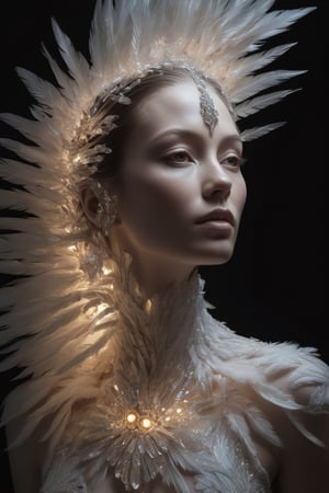 an wooden slice made out of glowing crystals with a women face illuminated, in the style of surreal fashion photography, fine feather details, organic nature-inspired forms, strong contrast between light and dark, ephemeral installations, detailed nature depictions --ar 4:5 --s 550