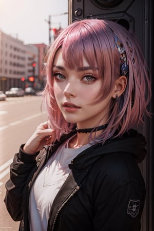 Portrait of a girl with pink hair and gray eyes, cinematic, slate gray atmosphere, soft cinematic light, adobe lightroom, hdr, intricate in, highly detailed, muted colors, in front camera 50mm, by ilya kuvshinov sci-fi, faded, dim