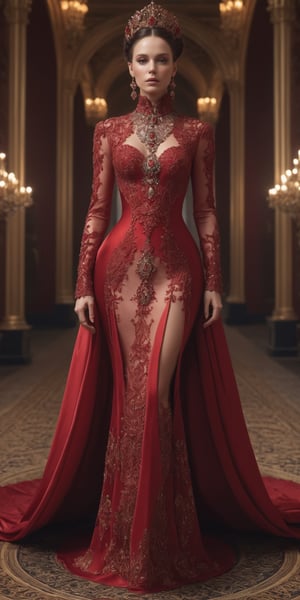 gorgeous woman in red dress made with rubies and sparkling diamonds with intricate details, fashion dress, soft silk, detailed texture, brocade, fashion show, beauty face, Sci-fi Victorian room, great hall, turtleneck dress, wedding photography, bridal gown, full body, symmetrical, octane render, highly detailed, peter Mohrbacher, ultra realistic, cinematic lighting, 8k, 4k, --ar 1:2 --no fingers --no hands