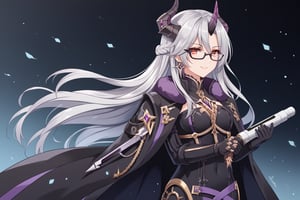 Only 1 Girl,Stoat Girl Appearance: The character has short, half-tied, grey/silver hair, wears glasses, and has two small horns protruding from her head. She has a faint smile on her face. Clothing: The character wears a dark colored cloak, decorated with a purple bow around her neck, and gloves that appear to be made of metal or a robotic material. She appears to be holding something like a rope or object wrapped around her hands.