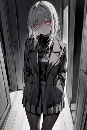 Masterpiece, high contrast, 1 girl, solo, red eyes, standing with hands behind her back. Young woman wearing a long black winter coat ( open black coat Black sweater underneath black pleated skirt, black stockings) Look at the viewer, rest your head on one side. in hand, gray hair
