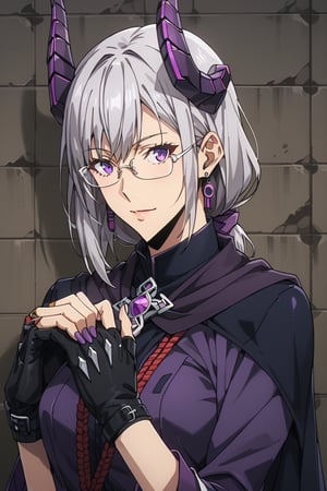 1 Girl, Single Stoat Girl Appearance: The character has short, half-tied, grey/silver hair, wears glasses, and has two small horns protruding from her head. She has a faint smile on her face. Clothing: The character wears a dark colored cloak, decorated with a purple bow around her neck, and gloves that appear to be made of metal or a robotic material. She appears to be holding something like a rope or object wrapped around her hands.