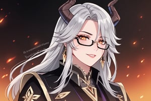 1girl, solo,Silver-gray hair: Long, gray hair that is half-tied is a clean, neat, and gentle hairstyle. The gray color gives off a slightly cold feeling, but it also looks elegant and mysterious. 
Square Glasses: Glasses add to the feeling of intelligence and composure. The character appears to be someone who is deep in thought and not someone who shows her emotions openly, making her seem like a thinker or someone who has a secret inside of her.Face: A face with a small smile that looks warm and friendly, contrasting with the dark atmosphere around it, showing a strong mental personality. Even though she may be in a dangerous situation, she still manages to maintain composure and confidence.Small horns on her head: These horns indicate a demonic or supernatural connection. These small horns give the character a mysterious dimension and add a sense of fear in a complex way. She may have unusual powers or abilities. Scars on her face: The scars make her look like she has been through a fight or faced danger before. They may be a sign of the endurance and strength she has accumulated.The character wears a simple yet elegant black robe. This is a perfect outfit for someone who wants to hide their identity or stay in the dark. It adds a mysterious and cold atmosphere, but also makes her look powerful and someone to be wary of. The purple bow at the neck adds a pop of color to the simple robe. This purple makes her look stylish while still maintaining her own identity. This elegance can indicate social status or an important role.