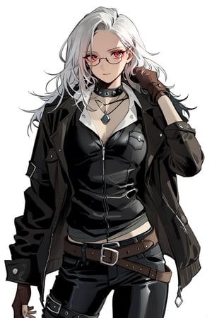 solo, looking at viewer, simple background, shirt, gloves, 1 girl, accessories, standing, jacket, full body, white hair, female focus, boots, belt, pants, fingerless gloves, necklace, white background, brown gloves, leather, glasses,Gótica,Mujer