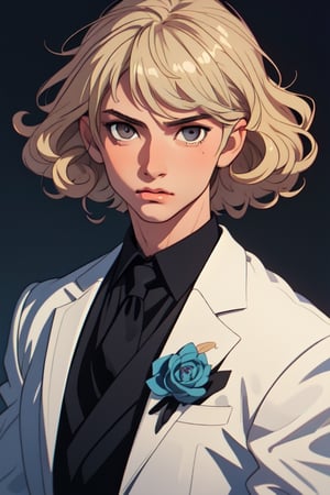 (best quality, masterpiece), 1boy, formal, abstract, looking at viewer, masculine, marble pattern, curly blonde hair, medium lenght hair, gray eyes, black blazer