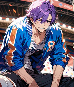 masterpiece, best illustration, detailed 8K,male focus,hair between eyes, masterpiece, (best quality:1.3),best illustration,extremely detailed 8K wallpaper,  1boy, anime,sexy, male, purple hair, american football, varsity jacket, crop top, smirk