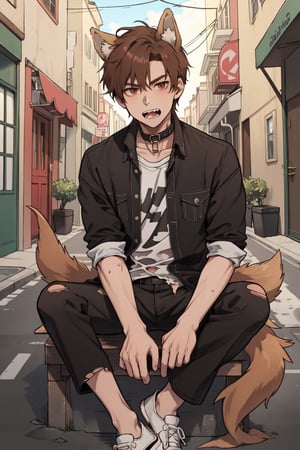 best quality, 1boy, solo_male, dog_ears, long_dog_ears, dog_tail, dog_collar, afraid, dirty, sitting_down, streets, alley_way, ripped_clothes, torn_clothes, open_mouth, brown_hair, short_hair, very_short_hair, brown_eyes, pointed_teeth, sharp_teeth