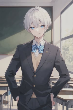 best quality, masterpiece, highres, 1boy, solo, white hair, blue eyes, upper body, collared_shirt, open_blazer, smile, hand on hip, standing in a classroom 