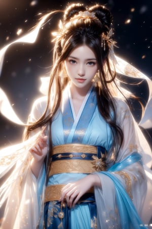 The background is midnight sky,big blue moon,dark night,snow blowing,16 yo, 1 girl,sword,halo,shining bracelet,beautiful hanfu(white, transparent),cape, cloth blowing in wind, solo, {beautiful and detailed eyes}, calm expression, natural and soft light, delicate facial features, cute japanese idol, very small earrings, ((model pose)), Glamor body type, (dark hair:1.2),  beehive,big bun,very_long_hair, hair past hip, curly hair, flim grain, realhands, masterpiece, Best Quality, photorealistic, ultra-detailed, finely detailed, high resolution, perfect dynamic composition, beautiful detailed eyes, eye smile, ((nervous and embarrassed)), sharp-focus, full_body, sexy pose,cowboy_shot,ruanyi0060,yae_miko(genshin impact),Caligraphy,qinghua,ruanyi0018