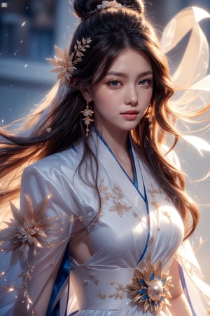 The background is midnight sky,big blue moon,dark night,snow blowing,16 yo, 1 girl,sword,halo,shining bracelet,beautiful hanfu(white, transparent),cape, cloth blowing in wind, solo, {beautiful and detailed eyes}, calm expression, natural and soft light, delicate facial features, cute japanese idol, very small earrings, ((model pose)), Glamor body type, (dark hair:1.2),  beehive,big bun,very_long_hair, hair past hip, curly hair, flim grain, realhands, masterpiece, Best Quality, photorealistic, ultra-detailed, finely detailed, high resolution, perfect dynamic composition, beautiful detailed eyes, eye smile, ((nervous and embarrassed)), sharp-focus, full_body, sexy pose,cowboy_shot,ruanyi0060,yae_miko(genshin impact),Caligraphy