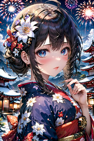 Anime ,hentai,(beautiful detailed face, beautiful detailed eyes),(((best quality,masterpiece))),(a beautiful girl,(flower pattern) kimono),(anime style),(Snow cover,night_sky ,fireworks,Matsuri, nature view),more detail XL,EpicSky,cloud,
