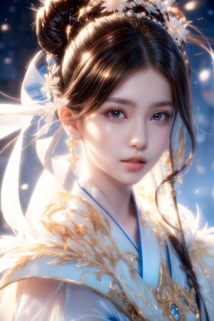 The background is midnight sky,big blue moon,dark night,snow blowing,16 yo, 1 girl,sword,halo,shining bracelet,beautiful hanfu(white, transparent),cape, cloth blowing in wind, solo, {beautiful and detailed eyes}, calm expression, natural and soft light, delicate facial features, cute japanese idol, very small earrings, ((model pose)), Glamor body type, (dark hair:1.2),  beehive,big bun,very_long_hair, hair past hip, curly hair, flim grain, realhands, masterpiece, Best Quality, photorealistic, ultra-detailed, finely detailed, high resolution, perfect dynamic composition, beautiful detailed eyes, eye smile, ((nervous and embarrassed)), sharp-focus, full_body, sexy pose,cowboy_shot,ruanyi0060,yae_miko(genshin impact),Caligraphy,qinghua,ruanyi0018