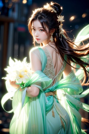 The background is midnight sky,big blue moon,dark night,snow blowing,16 yo, 1 girl,sword,halo,shining bracelet,beautiful hanfu(white, transparent),cape, cloth blowing in wind, solo, {beautiful and detailed eyes}, calm expression, natural and soft light, delicate facial features, cute japanese idol, very small earrings, ((model pose)), Glamor body type, (dark hair:1.2),  beehive,big bun,very_long_hair, hair past hip, curly hair, flim grain, realhands, masterpiece, Best Quality, photorealistic, ultra-detailed, finely detailed, high resolution, perfect dynamic composition, beautiful detailed eyes, eye smile, ((nervous and embarrassed)), sharp-focus, full_body, sexy pose,cowboy_shot,ruanyi0060,yae_miko(genshin impact),Caligraphy,qinghua,ruanyi0018