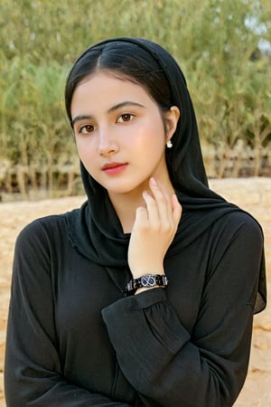 The image of a contemplative young woman wearing black hijab and long dress, shifting to lighter ends. She has light freckles, brown eyes, and wears minimal makeup with defined eyebrows. She wore a black long-sleeved top and posed casually with her hands resting on her cheeks, showing off the ornate metal watch on her wrist. The setting is outdoors with a hazy natural backdrop and soft lighting that accentuates her warm complexion and calm demeanor.