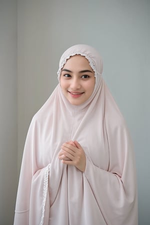 (mukena), 1 girl, 25 year, smile, using a PRAYER HIJAB frilly,((naked,expose breast)), white background, real_life, from_behind_view