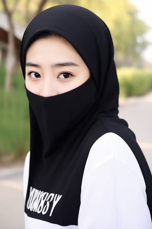 perfect face japanese girl, 20 y.o, beauty,black hijab, wearing white hoodie, big breast,