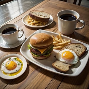 food, cup, no humans, table, plate, mug, realistic, spoon, disposable cup, bread, coffee, burger, food focus, cheese, still life, french fries, egg \(food\), fried egg, napkin, butter, favorite fast food for breakfast.