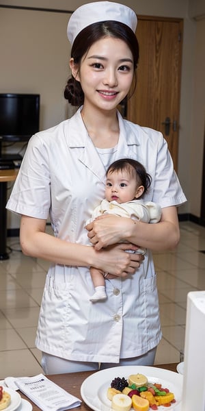 (highest quality、table top、8k、best image quality、Award-winning work)、(holding a baby、30-year-old nurse、40 year old mature woman、white nurse coat、holding a baby、(real and perfect baby:1.2)、(accurate real baby:1.2)、(detailed and perfect baby:1.2)、perfect hands、perfect arms、real white nurse uniform、plain white real nurse cap、chignon、brown hair、(very bright lighting:1.2)、White color、Look at me with a smile、white teeth、perfect makeup、sitting in the hospital room、take a photo close to the face、highly detailed face、White and clean teeth、big breasts、emphasize body line、smile at me with love、beautiful skin with white and shiny、pure white hospital room、(非常に明るいpure white hospital room:1.3)、(very brightly lit face:1.2)、Perfect shiny hair、Perfect shiny white skin、Perfect shiny hair、glossy beautiful lips、Detailed depiction of the background of the hospital room、The most natural and perfect hospital room、(accurate anatomy:1.2)、(Very strong exposure:1.2)、(very strong cold lighting:1.2)、(low color temperature:1.2)、(very refreshing bright light:1.2),NURSE UNIFORM NURSE CAP