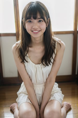 1girl, smile, 18 year, natural skin, wearing a white spaghetti strap slit tanktop,selfie,asuka saito,nogizaka48