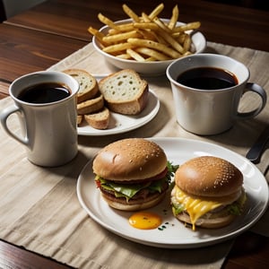 food, cup, no humans, table, plate, mug, realistic, spoon, disposable cup, bread, coffee, burger, food focus, cheese, still life, french fries, egg \(food\), fried egg, napkin, butter, favorite fast food for breakfast.