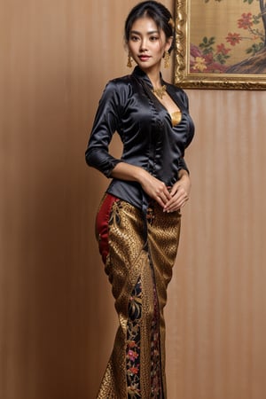 1girl, 175cm,korean model, golden Chinese headress, very wet skin, horny facial expression, 23 years old, soft body, black hair, wavy hair,whole body, hair reaches waist, whole body,((head to leg)), black bracelets, black chain,((wearing Kebaya)), floral pattern long skirt, large earrings,close-up, 8k, RAW photo, best quality, masterpiece,realistic, elegant standing pose, photo-realistic,seductive,cute,royal kingdom background, big boobs, rchelcia,