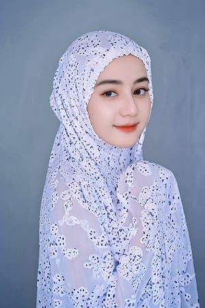 (mukena), 1 girl, 25 year, smile, using a PRAYER HIJAB frilly,naked,expose breast, white background, real_life, from_behind_view,d1lr4b4