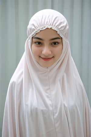 (mukena), 1 girl, 25 year, smile, using a PRAYER HIJAB frilly,naked,expose breast, white background, real_life, from_behind_view