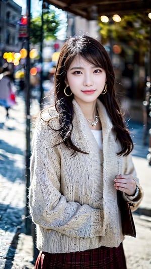 Beautiful and delicate light, (beautiful and delicate eyes), pale skin, big smile, (brown eyes), (black long hair), dreamy, medium chest, woman 1, (front shot), Korean girl, bangs, soft expression, height 170, elegance, bright smile, 8k art photo, realistic concept art, realistic, portrait, necklace, small earrings, handbag, fantasy, jewelry, shyness, skirt, winter down parka, scarf, snowy street, footprints,3D